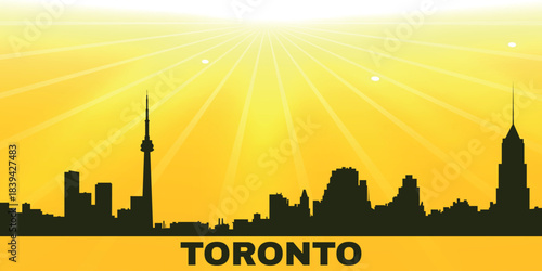 Stylized black silhouette panorama of Toronto on a bright yellow background with sunbeams