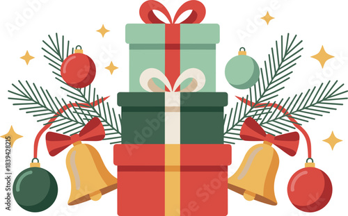 Christmas gifts illustration, holiday presents, festive boxes, Christmas decorations, bells, ornaments, pine branches, flat vector seasonal design