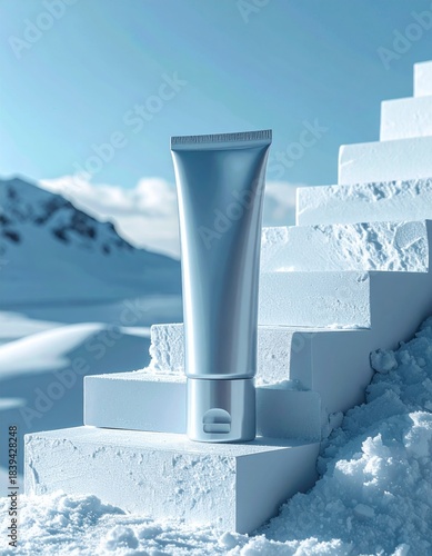 Silver Cream Tube on Snow Covered Geometric Steps With Mountain Landscape Background