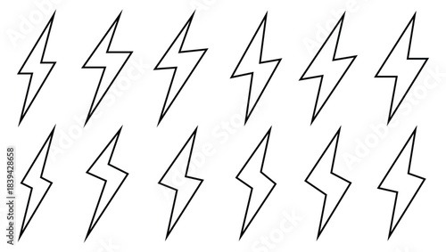 Outline and stroke style Lightning bolt vector icon - Black lightning bolt electric energy symbol silhouette.