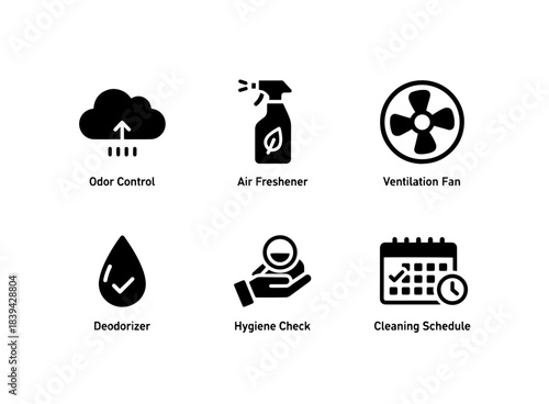 Odor Control Air Freshener Ventilation Fan Deodorizer Hygiene Check Cleaning Schedule Icon Set