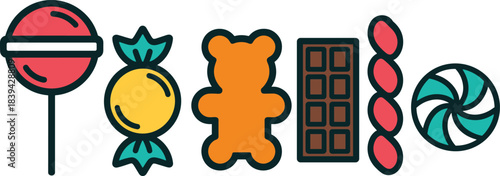 Colorful candy and sweets vector set featuring lollipop, wrapped candy, gummy bear, chocolate bar, candy cane, and peppermint for fun designs