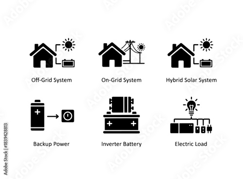 Off Grid System On Grid System Hybrid Solar System Backup Power Inverter Battery Icon Set