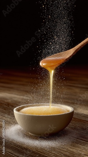  A wooden spoon drizzles honey into a white bowl on a wooden table