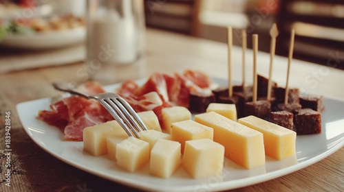   A plate of food on a table with a fork, milk glass and a bottle of milk in the background
