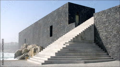  A set of stone steps ascends towards a nearby structure beside a tranquil water body, with a towering rock cliff in the background