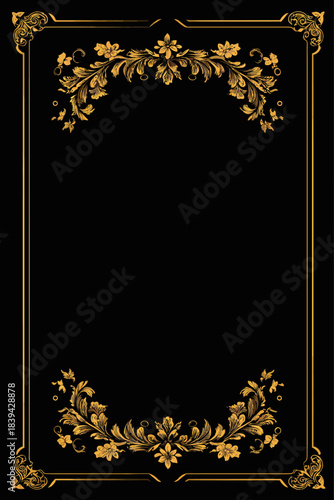 Elegant Gold Ornate Floral Frame on Black Background with Vintage Botanical Design. Decorative Border for Invitations and Certificates.