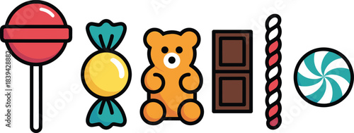 Colorful candy and sweets vector set featuring lollipop, wrapped candy, gummy bear, chocolate bar, candy cane, and peppermint for fun designs