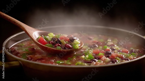   A wooden spoon stirs a pot of bean, tomato, celery, and black bean mix