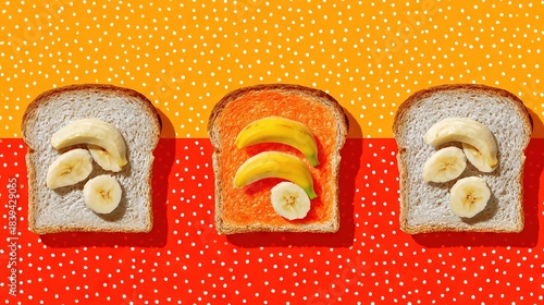   A red and yellow table holds several slices of bread and fruit
