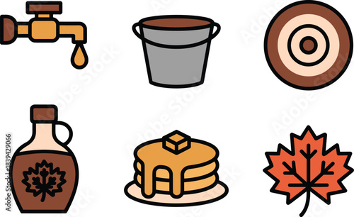 Minimalist maple syrup and pancake icon set featuring taps, buckets, maple leaves, and breakfast elements in simple flat line-art style