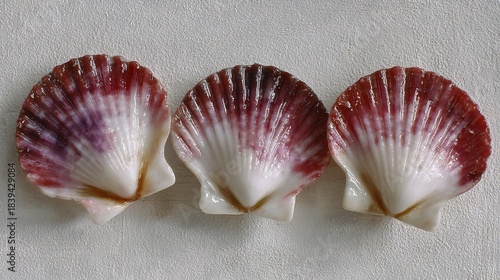   Three seashells on a white background, each with a red and white stripe