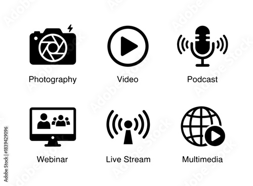 Photography Video Podcast Webinar Live Stream Multimedia Minimal Black Fill Icon Set