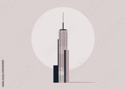 Majestic skyscraper rises independently, its sleek lines and towering forms highlighted by a gentle background, The scene captures the essence of urban architecture in serene isolation