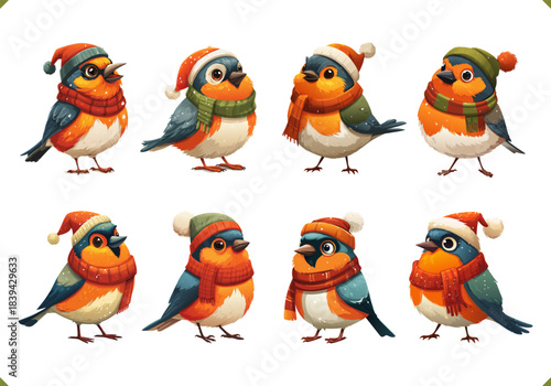 Set of vector illustration of bullfinch wearing scarf and hat, isolated on a white background