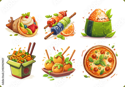 Set of vector illustrations of Japanese and Asian street food. Vector illustrations of noodles, okonomiyaki, dango rice, takoyaki and desserts, isolated on a white background