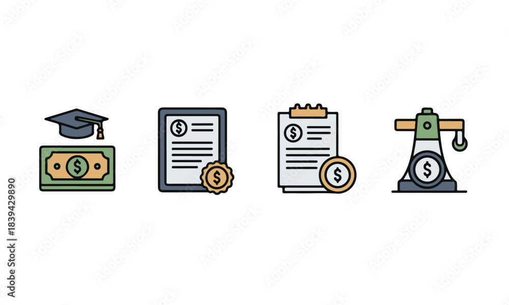 Naklejka premium Collection of Finance and Education Themed Icons, Including a Graduation Cap, Financial Documents, Clipboard, and Money Hoist