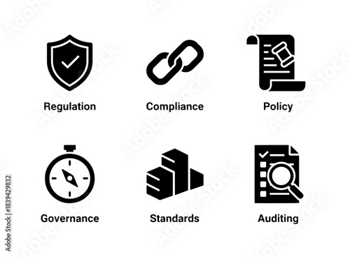 Regulation Compliance Policy Governance Standards Auditing Simple Minimal Black Fill Icon Set