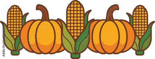 Autumn harvest border illustration with pumpkins and corn in simple flat style, fall season vegetable design for Thanksgiving decor