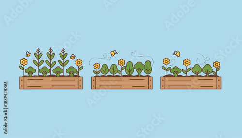 An organic vegetable garden with raised beds featuring a variety of seasonal crops and flowering plants attracting beneficial insects.