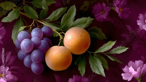   Two grapefruits painted against a purple backdrop with pink daisies