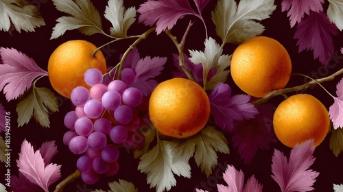  Orange, grape, and leaf art against black-white backdrop with pink and red foliage