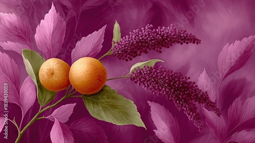   Orange branch with leaves and flowers on purple background