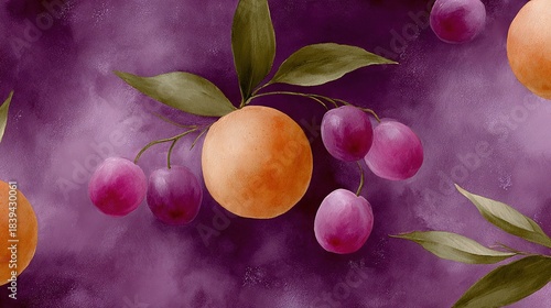   A painting of oranges and plums against a purple and purple backdrop, adorned with green foliage on the branches