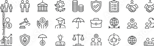 Business, finance, legal protection, global communication, teamwork, investment, insurance, growth, leadership, partnership icons representing security, success, consultancyBusiness, finance, legal 