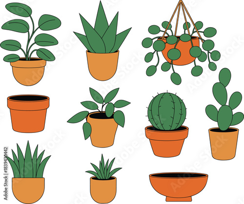 Flat houseplant vector set featuring potted plants, succulents, cactus, watering can, and terracotta pots for botanical design, decor, and gardening projects