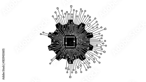 Circuit Board with Gear Vector Illustration Showing Technology Electronics and Engineering in Black and White Style System Innovation and Hi Tech Concept