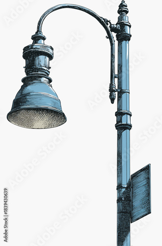 Classic Vintage Street Lamp Post Illustration, Ornate Old-Fashioned Urban Streetlight Drawing with Teal Accents