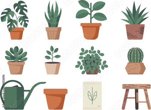 Flat houseplant vector set featuring potted plants, succulents, cactus, watering can, and terracotta pots for botanical design, decor, and gardening projects