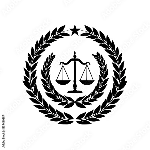 Classic Symbol of Justice: Scales of Balance with Laurel Wreath and Star Icon. Law, Legal System, Court, Judgement.