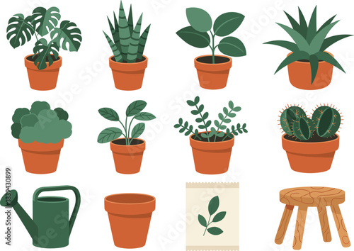 Flat houseplant vector set featuring potted plants, succulents, cactus, watering can, and terracotta pots for botanical design, decor, and gardening projects