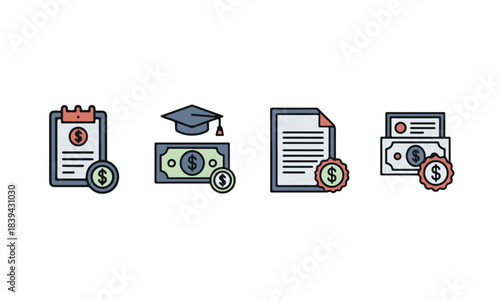 Educational Finance and Money Documents Icon Set, Representing Academic Funding, Tuition, and Payment Concepts