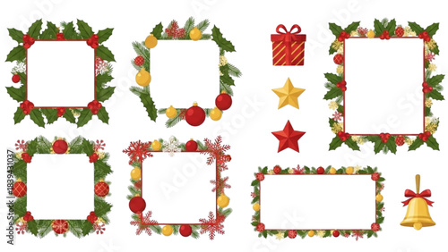 Collection of Festive Christmas Frames and Borders Adorned with Traditional Holly, Berries, and Ornaments, Ideal for Holiday Design Projects