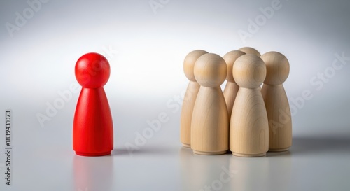 Red wooden figure separated from natural figures on gray-blue background showing social bias and exclusion