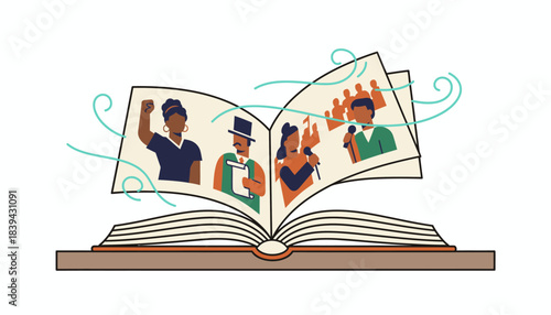 An open book lying on a table with pages turning in the wind filled with stories of historical figures who fought against racial injustice.