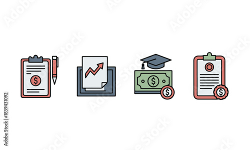 Modern Flat Vector Icons Representing Financial Planning, Business Growth, Education Funding, and Certified Financial Documents