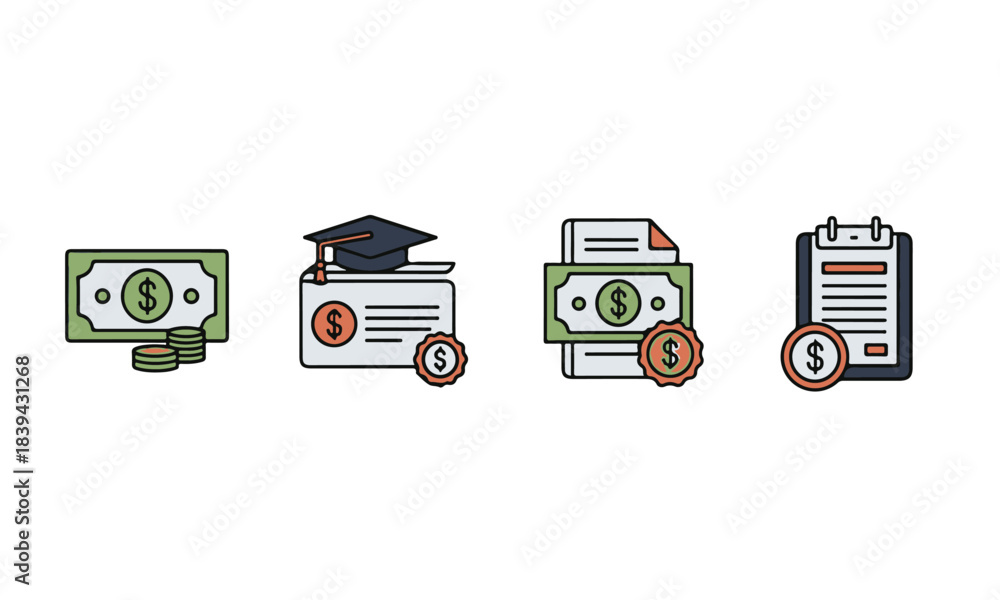Obraz premium Financial Education and Planning Icons Money, Scholarship, Investment, and Budget Illustrations for Business