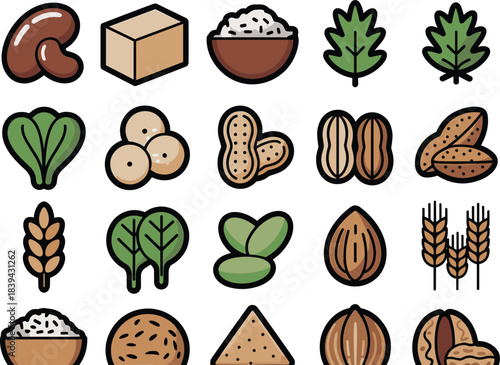 Food allergen icons, nuts, seeds, grains, legumes, leafy greens, tofu, rice bowl, allergy symbols, healthy plant ingredients