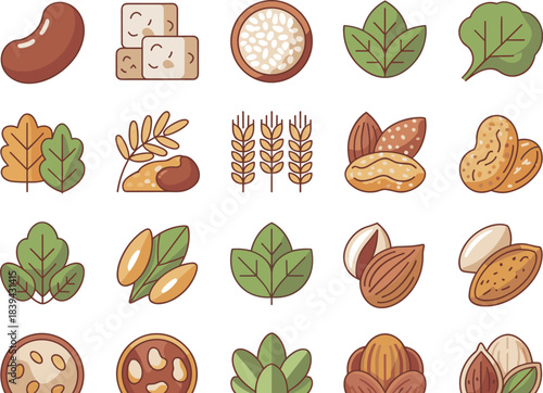 Food allergen icons, nuts, seeds, grains, legumes, leafy greens, tofu, rice bowl, allergy symbols, healthy plant ingredients
