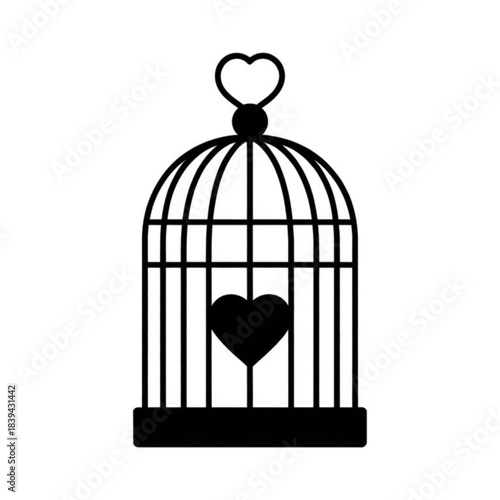 Elegant black silhouette of a birdcage adorned with a heart motif