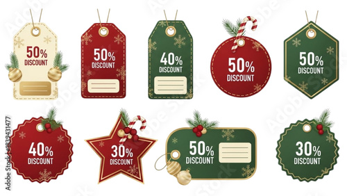 Variety of holiday discount tags and sale labels featuring festive Christmas decorations for seasonal promotions