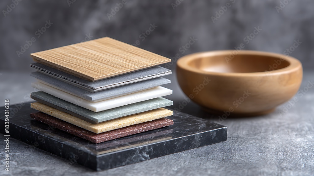 Naklejka premium Stacked Material Samples on Marble Base with Wooden Bowl Background Interior Design Elements