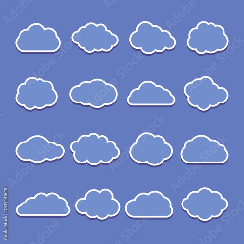 Vector icons of dreamy blue clouds on blue background.