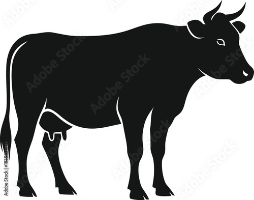 Black silhouette illustration of a standing farm cow with horns and visible udder, representing livestock and agriculture in simple vector style.