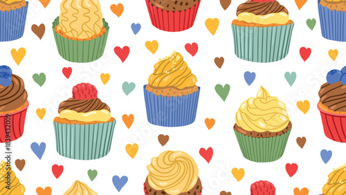 Valentine cupcakes seamless pattern. Bakery cream, raspberry, ganache and chocolate chips and hearts. Love vector background.