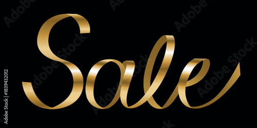 Sale text in golden ribbon on black background. Luxurious trendy gold lettering word perfect for title or header, gift card, banner.